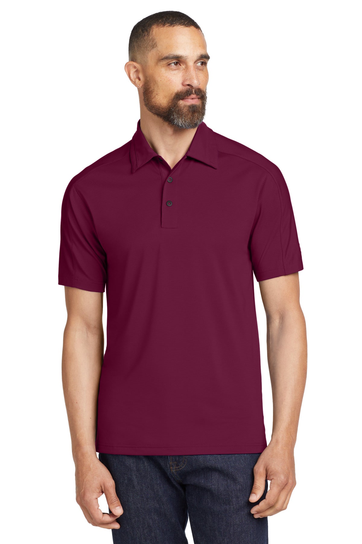 Front View of Molten Maroon OGIO Linear Polo. OG1030 plain