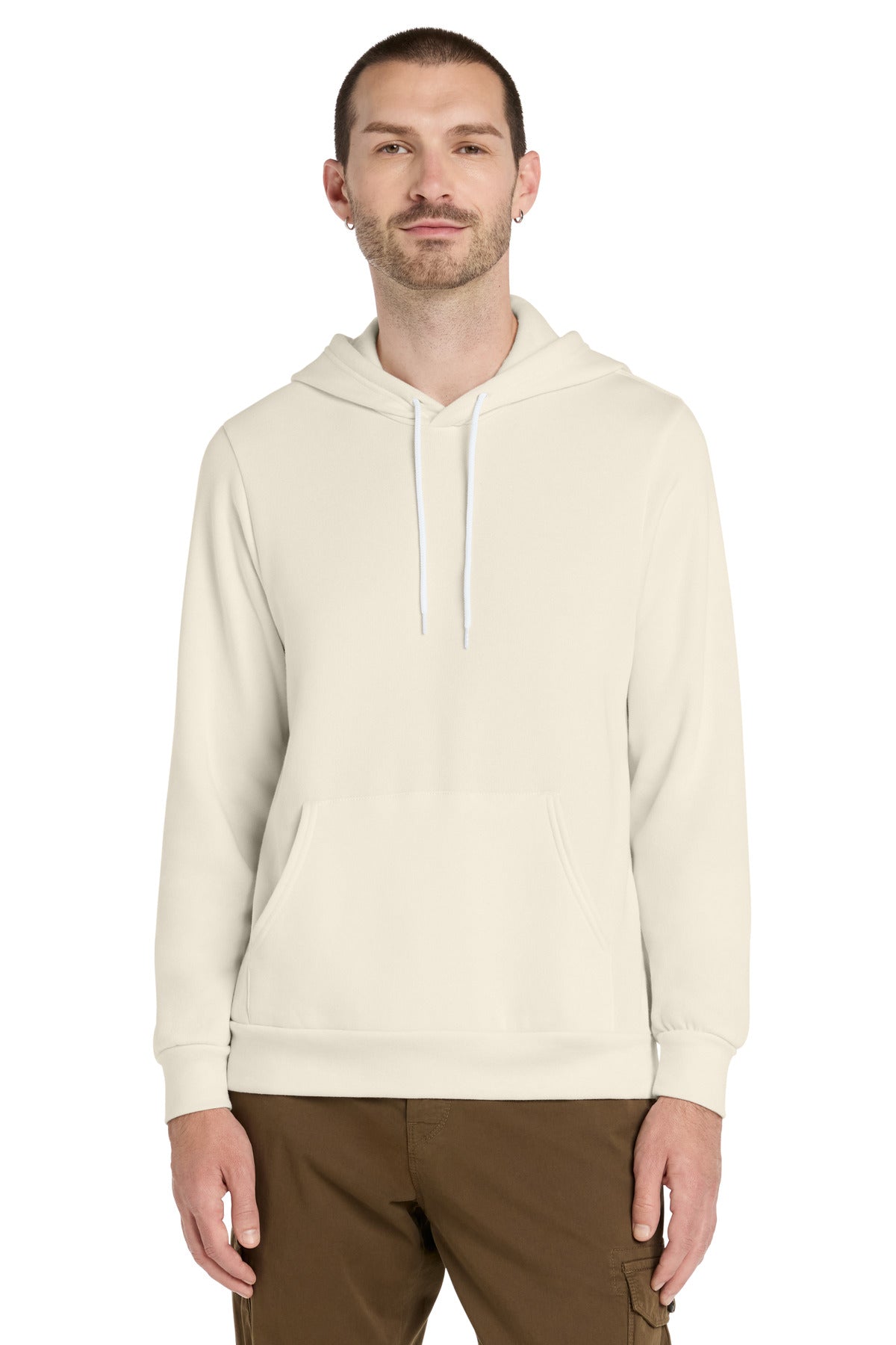 Front View of Natural BELLA+CANVAS Unisex Sponge Fleece Pullover Hoodie. BC3719 plain