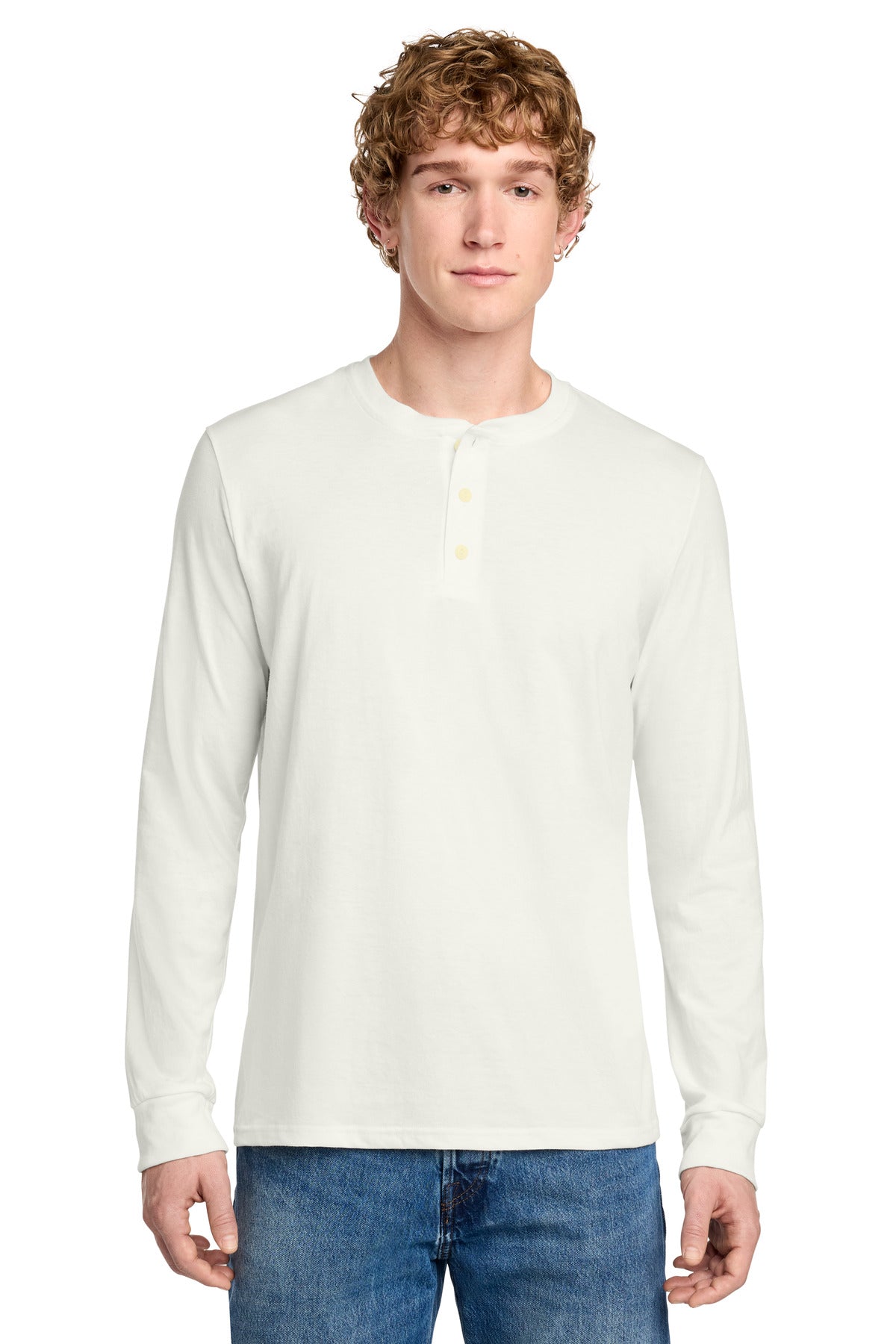 Front View of Natural District Perfect Tri Long Sleeve Henley DT145 plain