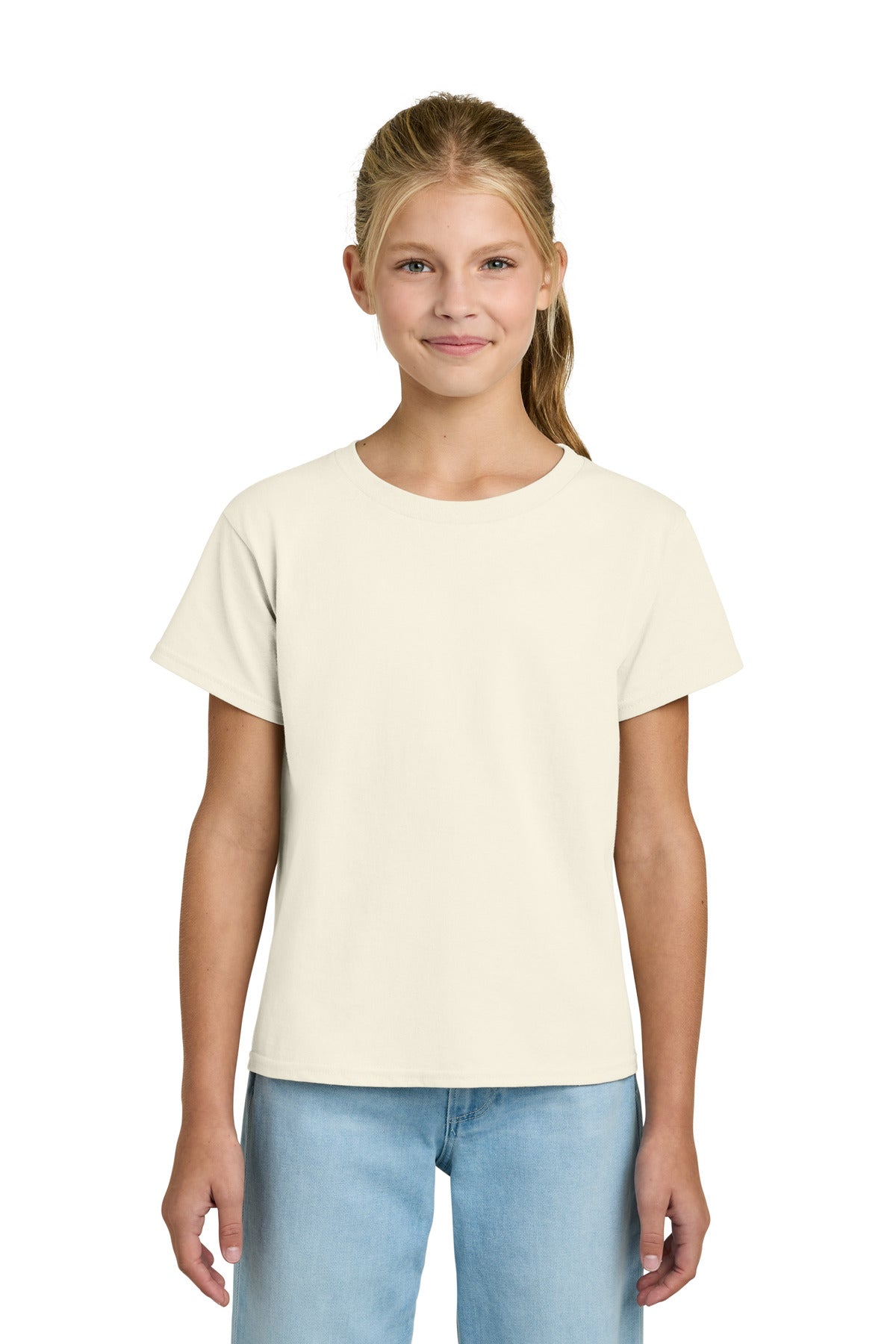 Front View of Natural Gildan Youth Light Cotton Tee 3000B plain