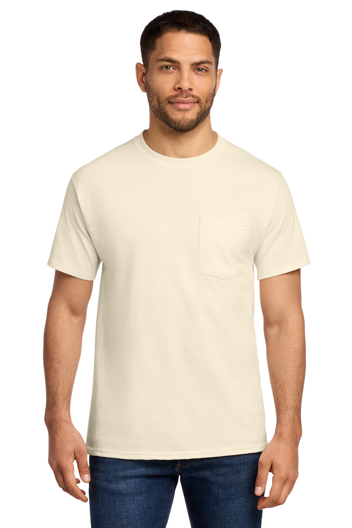 Front View of Natural Port & Co Tall Essential Pocket Tee. PC61PT plain