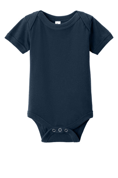 Front View of Navy BELLA+CANVAS Infant Jersey Short Sleeve One Piece BC100B plain