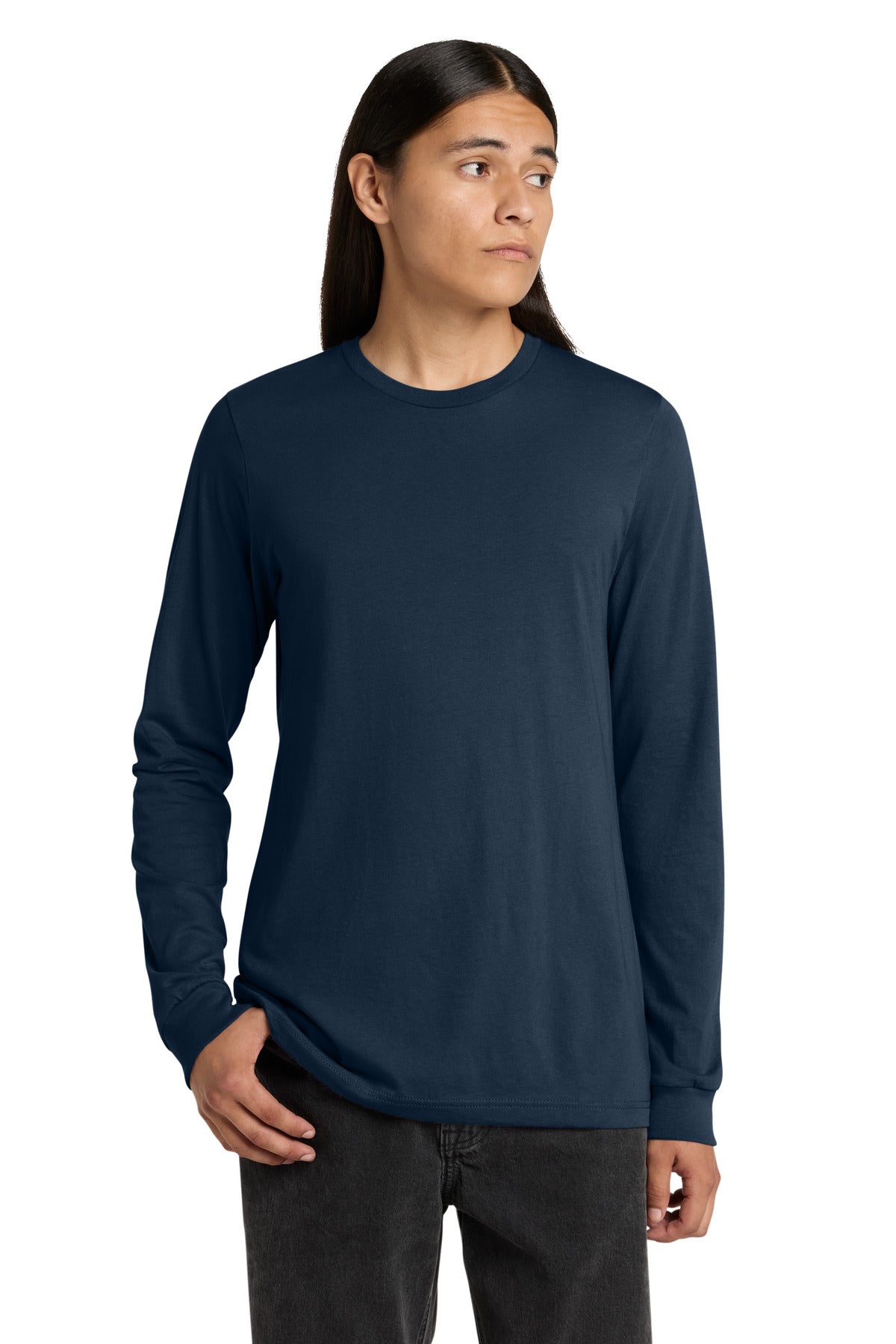 Front View of Navy BELLA+CANVAS Unisex Jersey Long Sleeve Tee. BC3501 plain