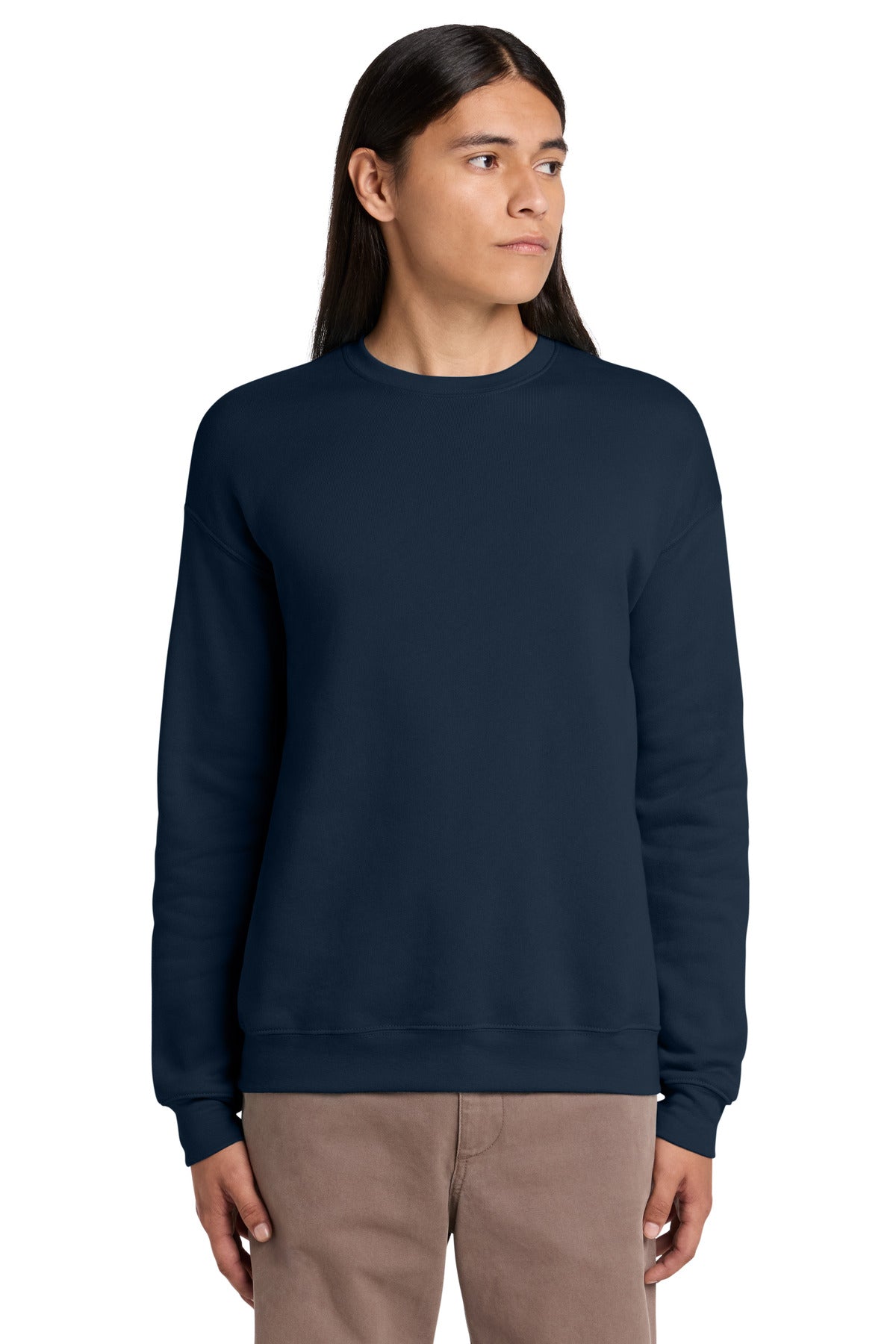 Front View of Navy BELLA+CANVAS Unisex Sponge Fleece Drop Shoulder Sweatshirt. BC3945 plain