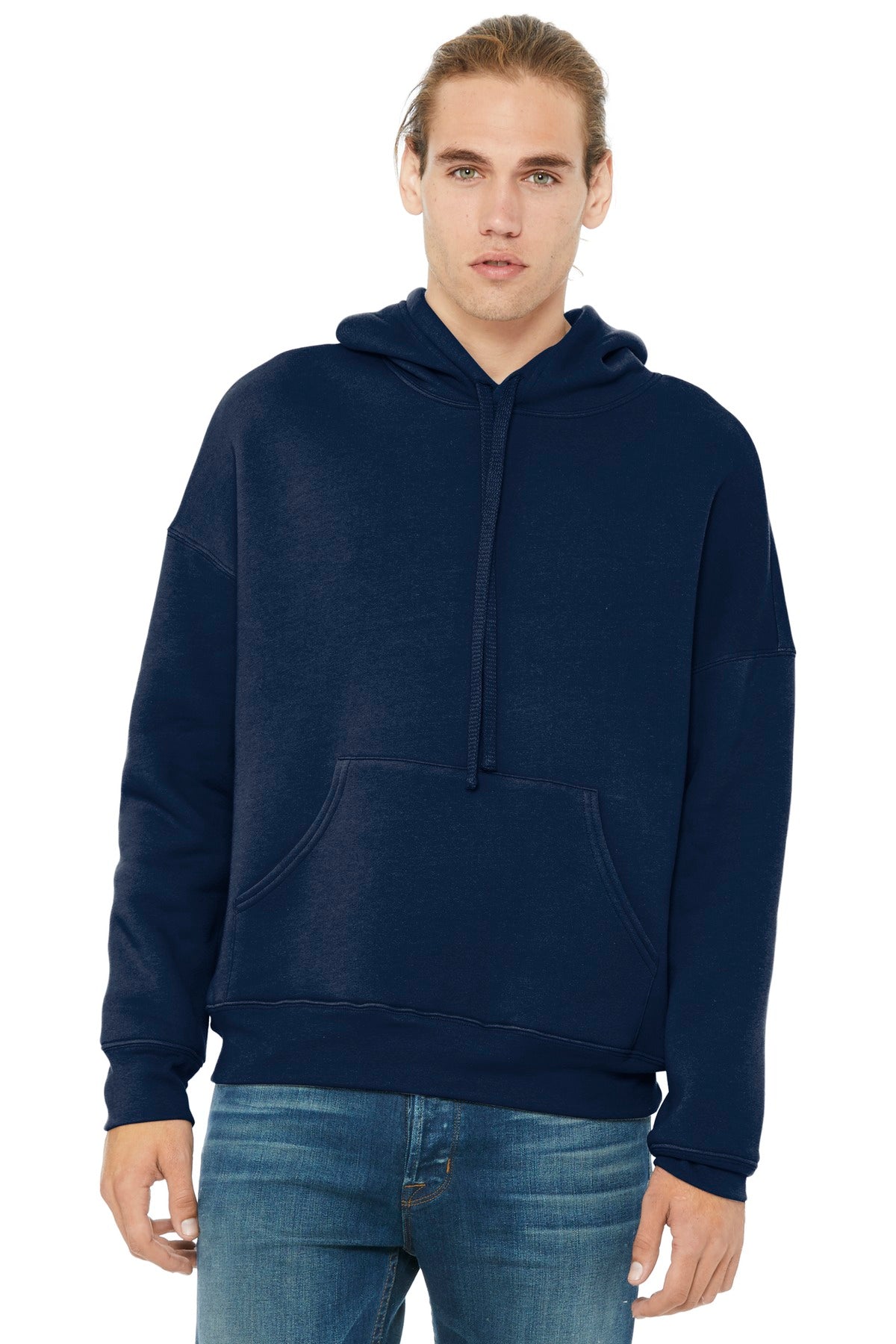 Front View of Navy BELLA+CANVAS Unisex Sponge Fleece Pullover DTM Hoodie. BC3729 plain