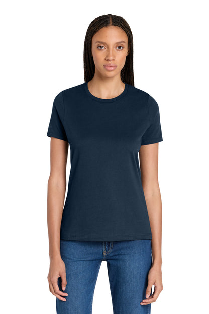 Front View of Navy BELLA+CANVAS Women's Relaxed Jersey Short Sleeve Tee. BC6400 plain