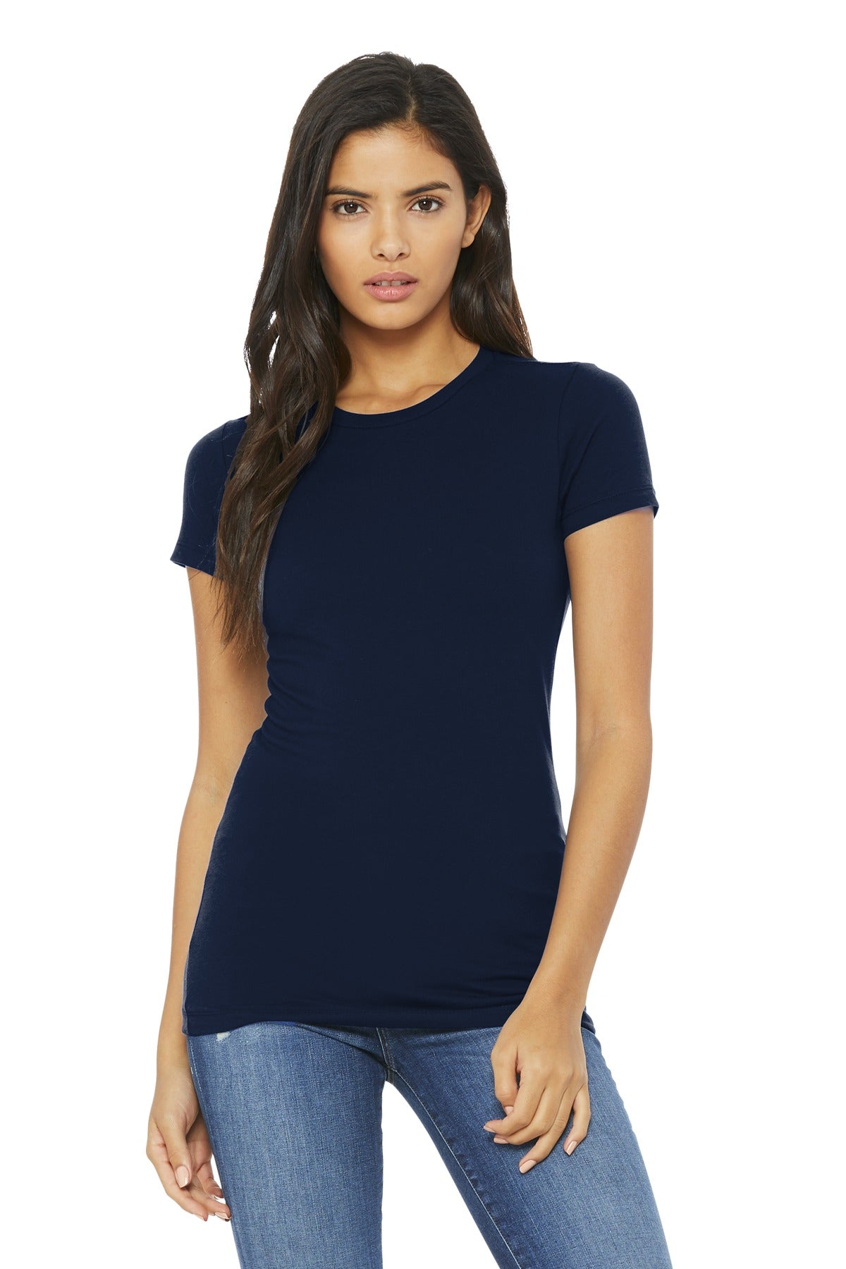 Front View of Navy BELLA+CANVAS Women's Slim Fit Tee. BC6004 plain