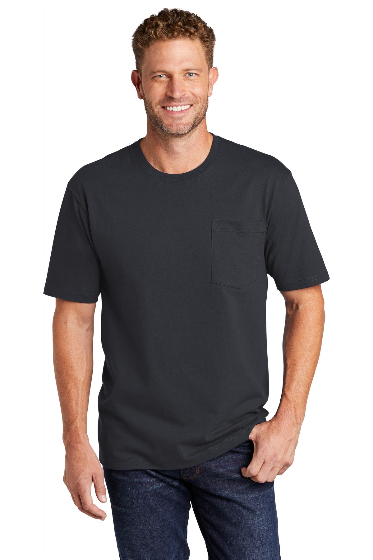 Front View of Navy Blue CornerStone Workwear Pocket Tee CS430 plain