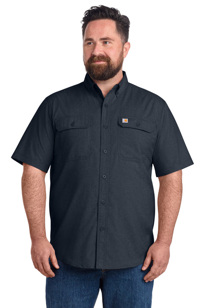 Front View of Navy Carhartt Force Solid Short Sleeve Shirt CT105292 plain