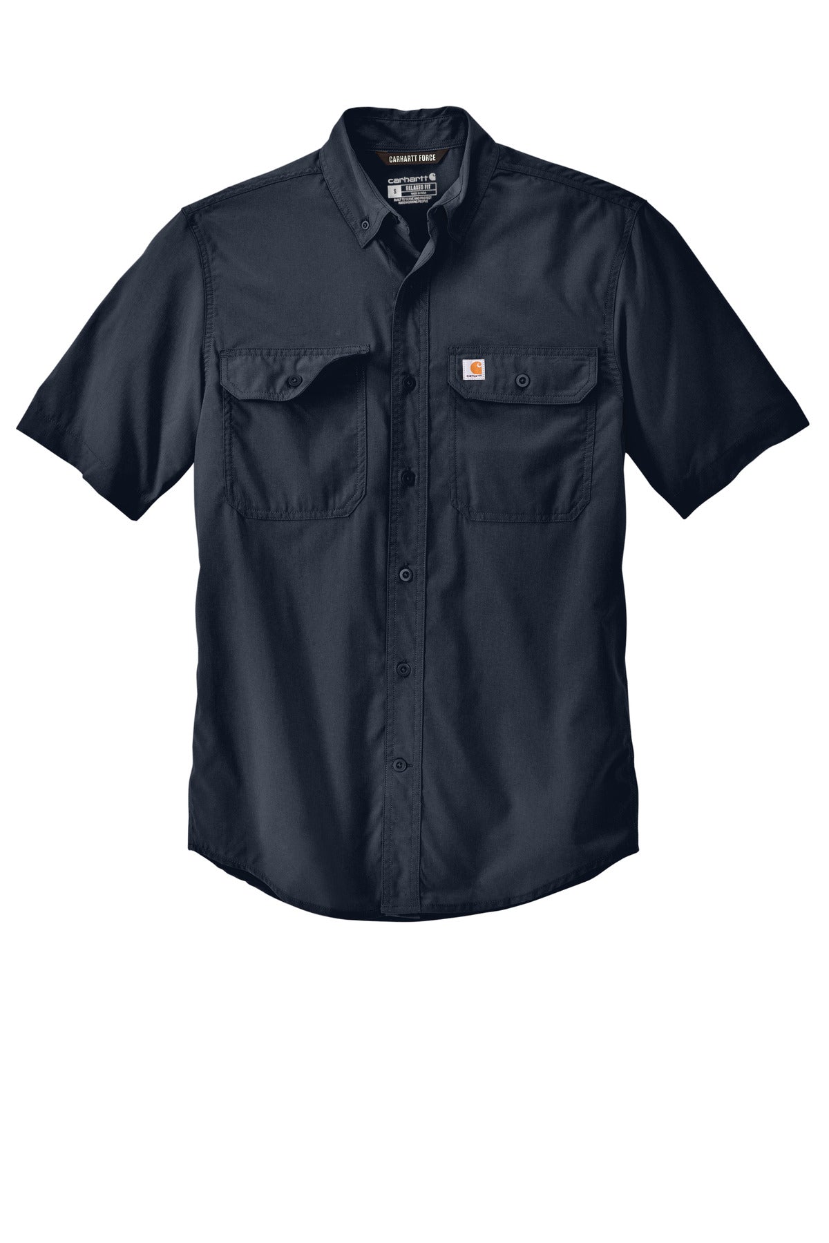 Front View of Navy Carhartt Force Solid Short Sleeve Shirt CT105292 plain