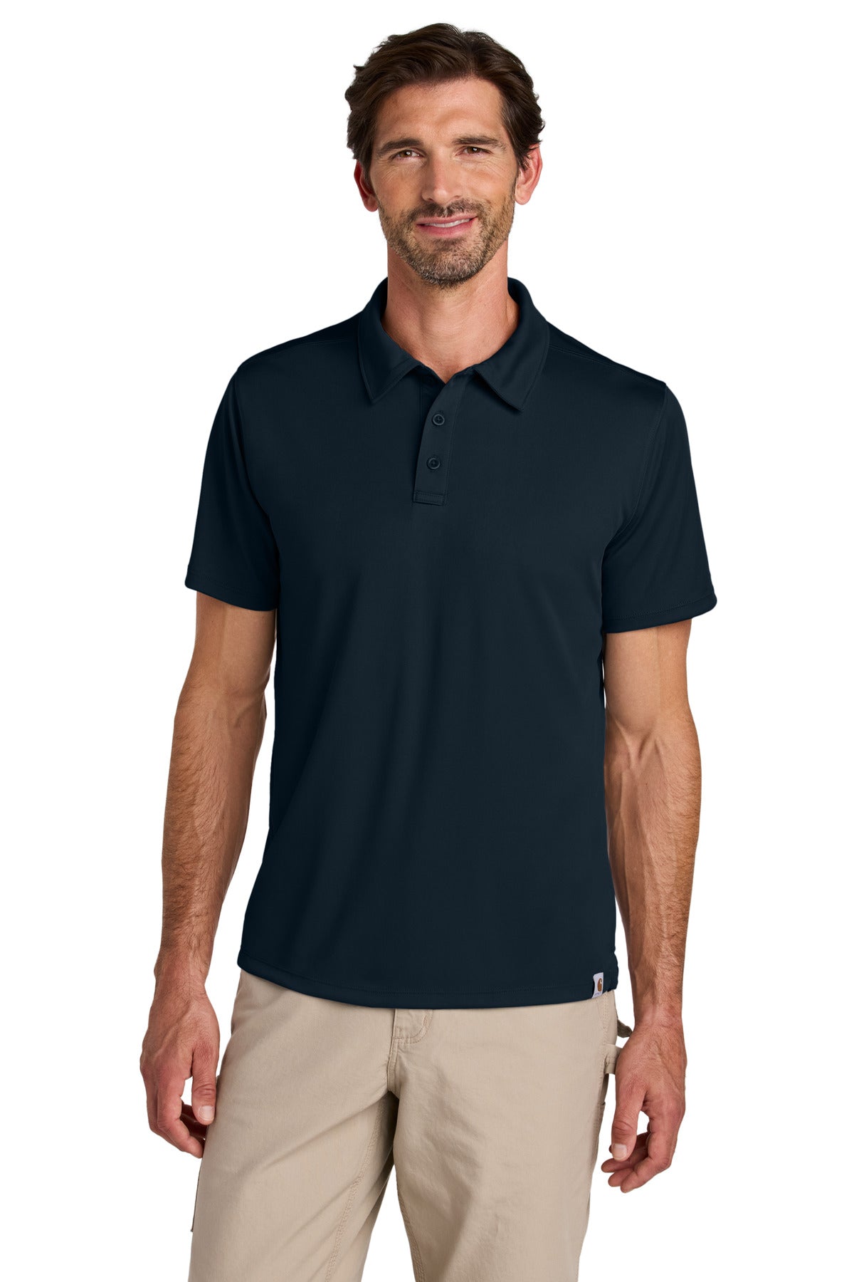 Front View of Navy Carhartt Force Sun Defender Polo CT106899 plain