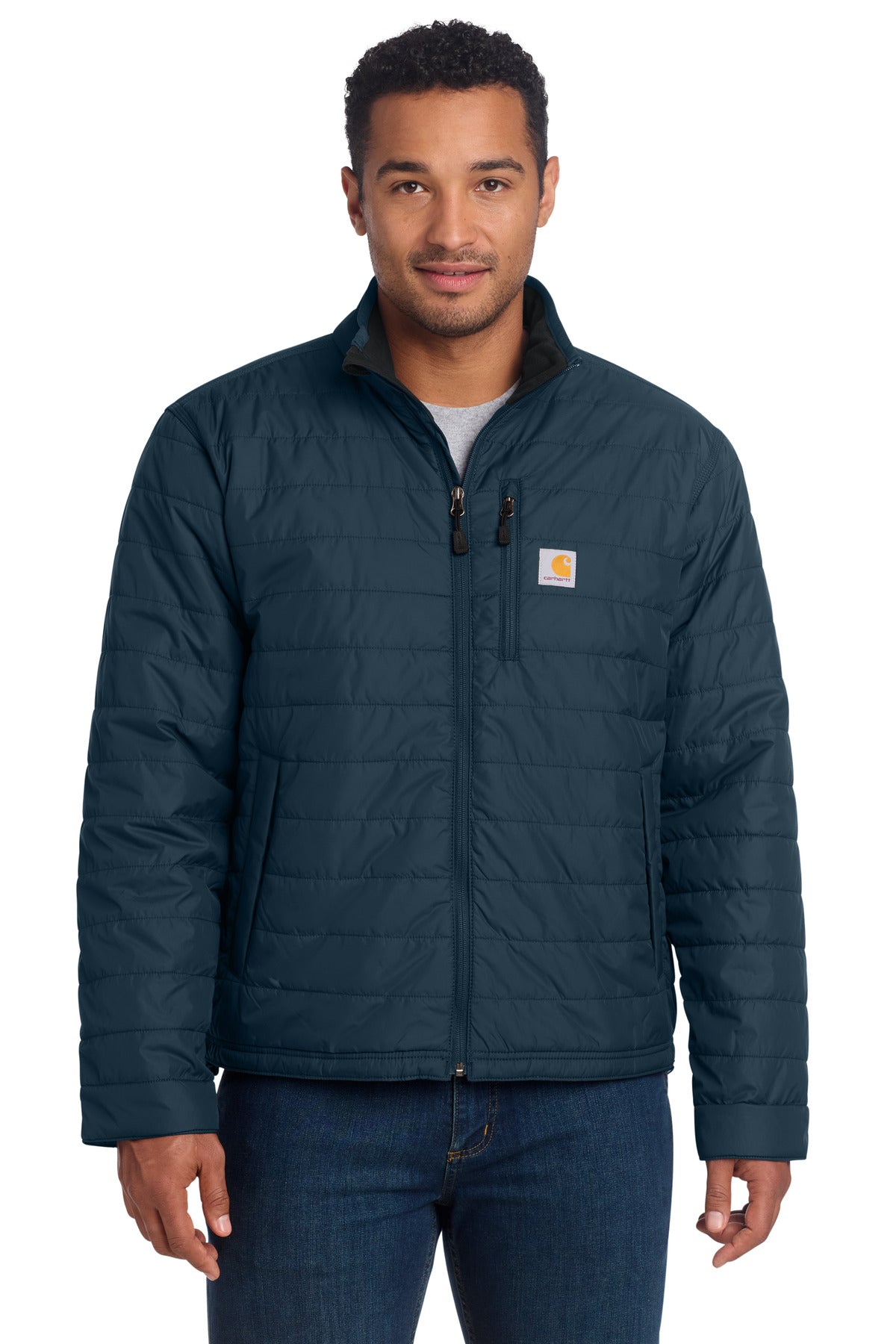 Front View of Navy Carhartt Gilliam Jacket. CT102208 plain
