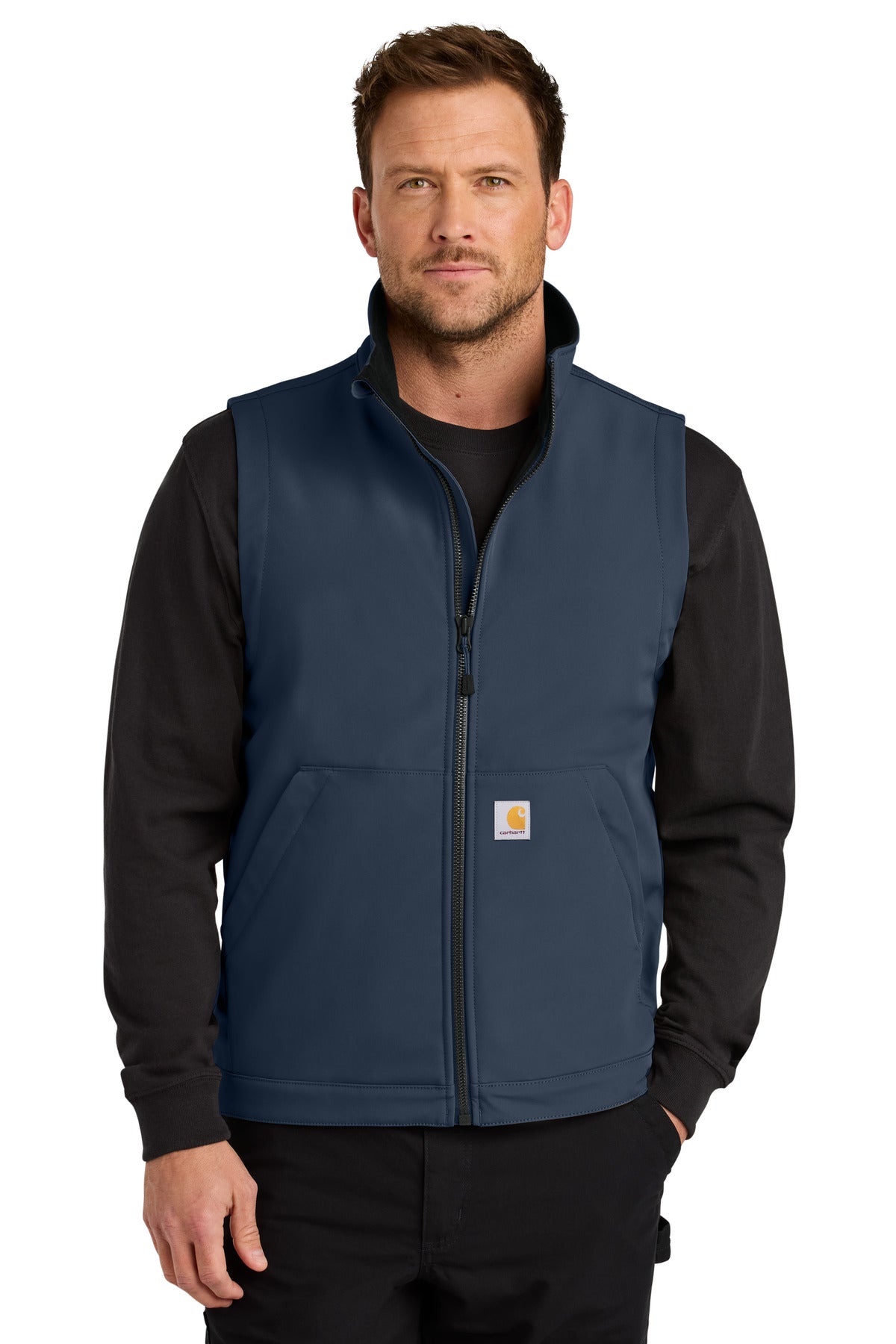 Front View of Navy Carhartt Rain Defender Soft Shell Vest CT106439 plain