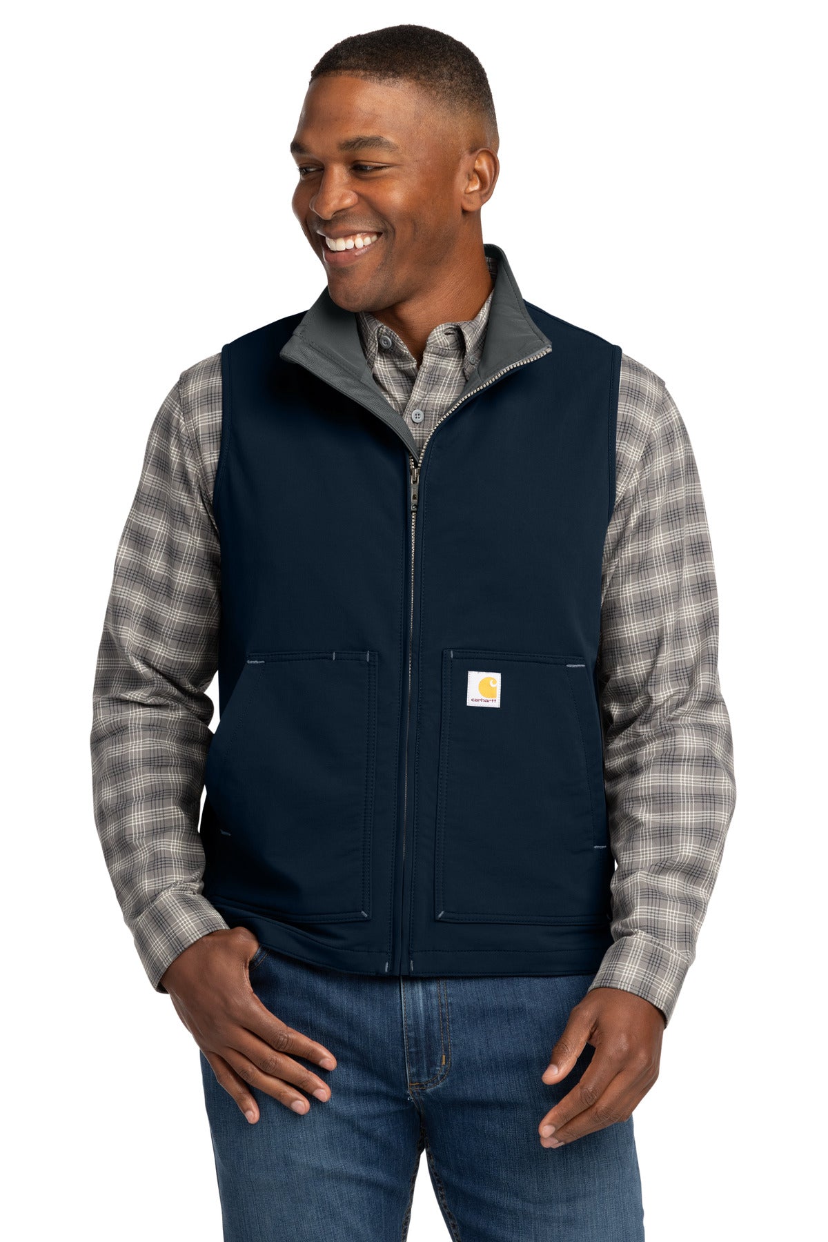 Front View of Navy Carhartt Super Dux Soft Shell Vest CT105535 plain