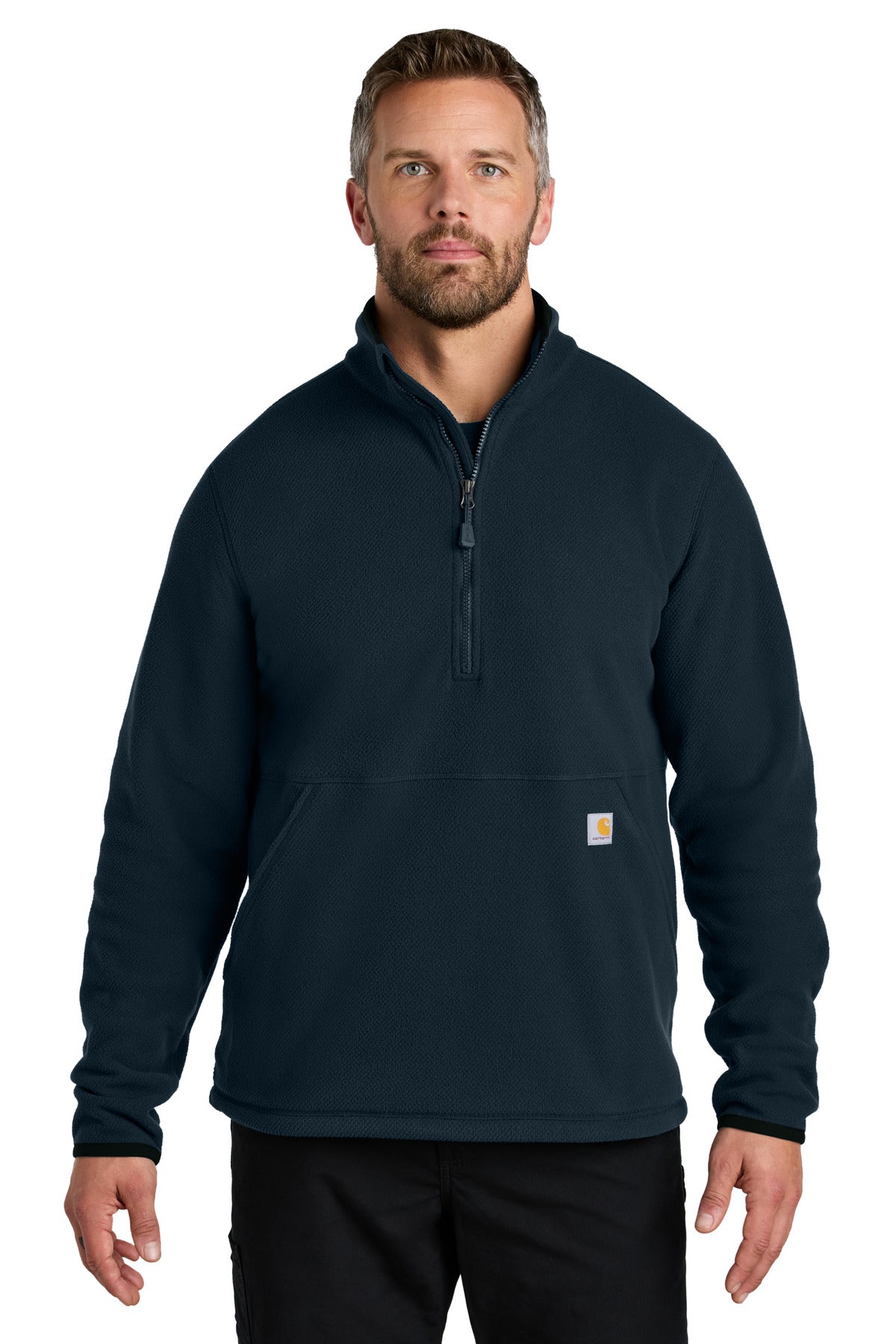 Front View of Navy Carhartt Textured 1/2-Zip Fleece Jacket CT106417 plain