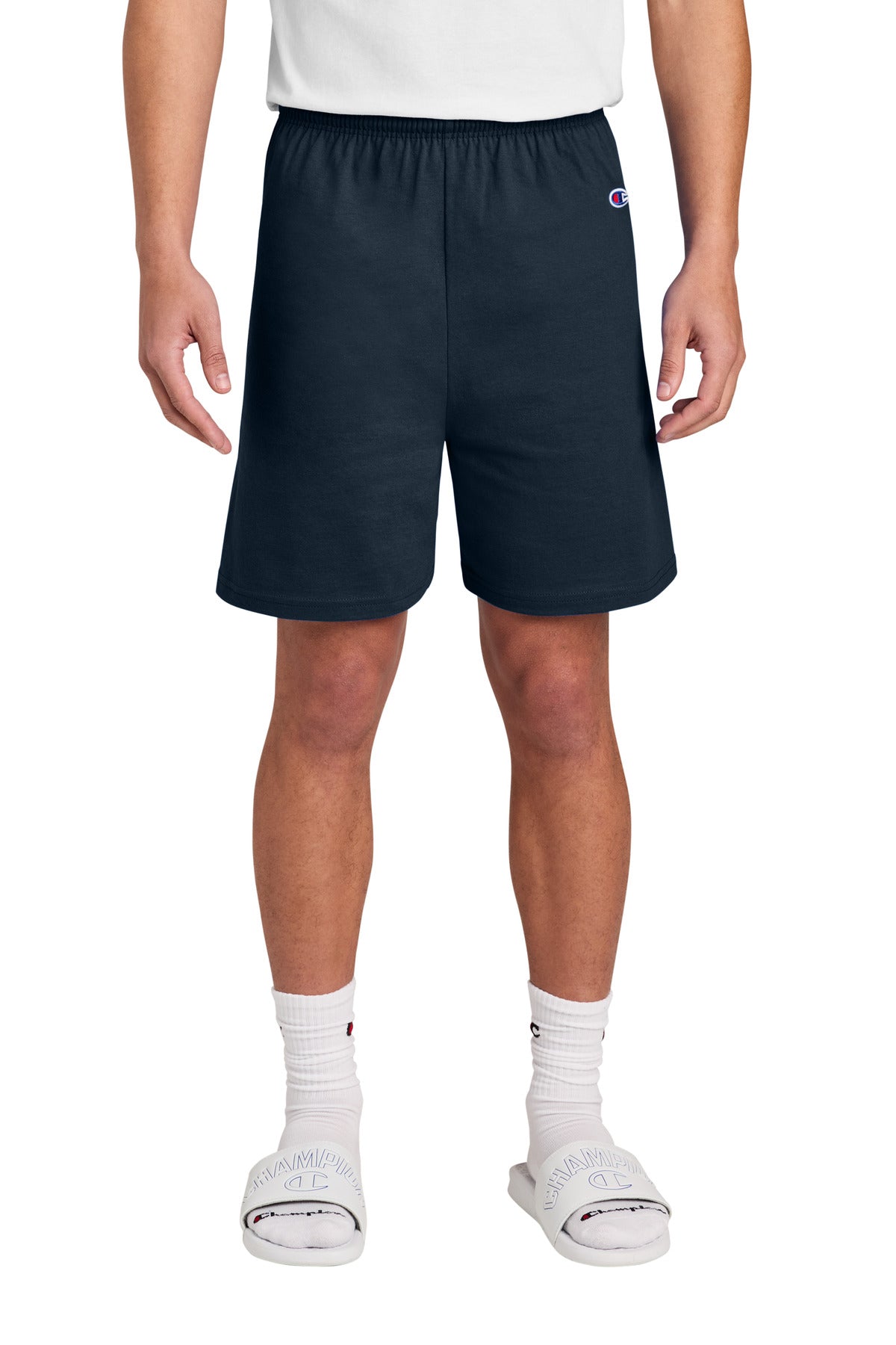 Front View of Navy Champion Cotton Gym Short 8187 plain