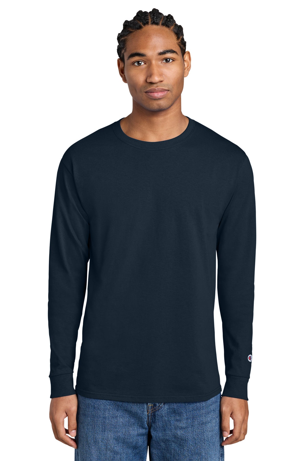 Front View of Navy Champion Heritage 5.2-Oz Jersey Long Sleeve Tee CC8C plain