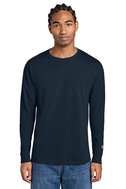 Front View of Navy Champion Heritage 5.2-Oz Jersey Long Sleeve Tee CC8C plain