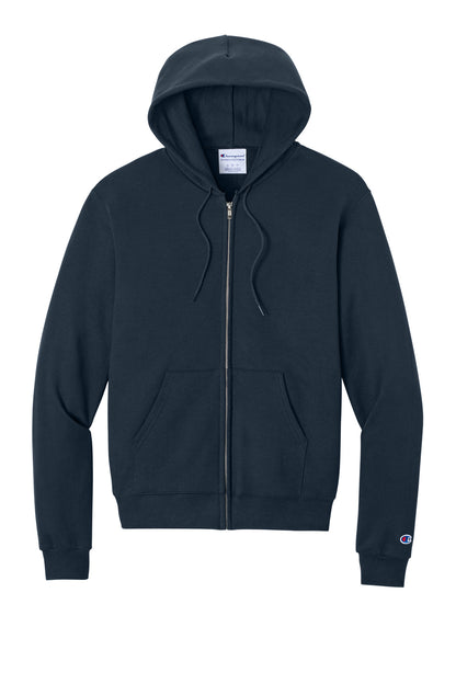 Front View of Navy Champion Powerblend Full-Zip Hoodie. S800 plain