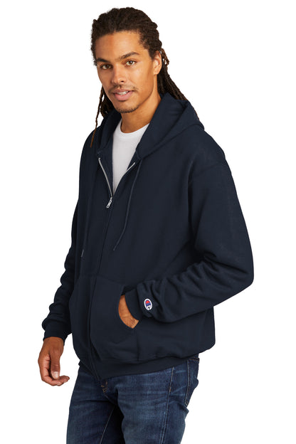 Front View of Navy Champion Powerblend Full-Zip Hoodie. S800 plain