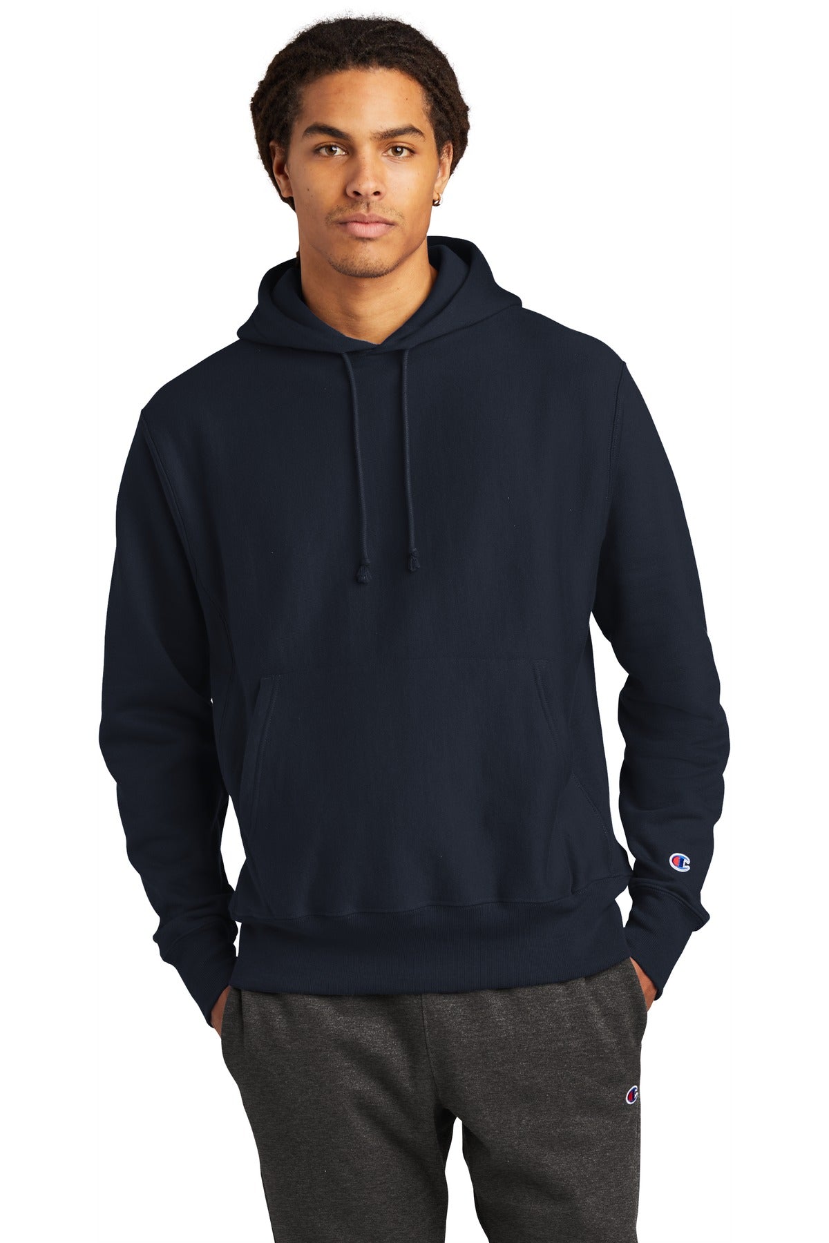 Front View of Navy Champion Reverse Weave Hooded Sweatshirt S101 plain