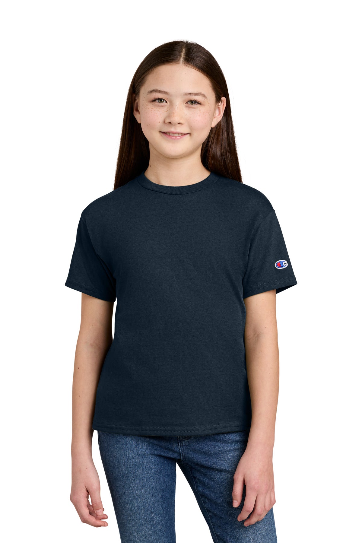 Front View of Navy Champion Youth Jersey Short Sleeve Tee CH1081 plain