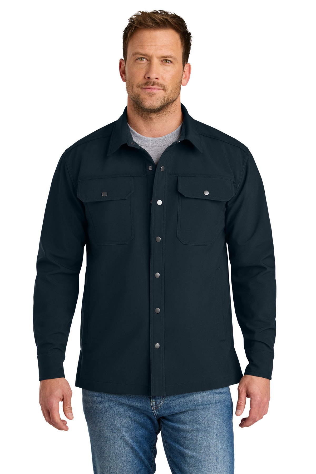 Front View of Navy CornerStone Soft Shell Shirt Jacket CSJ73 plain