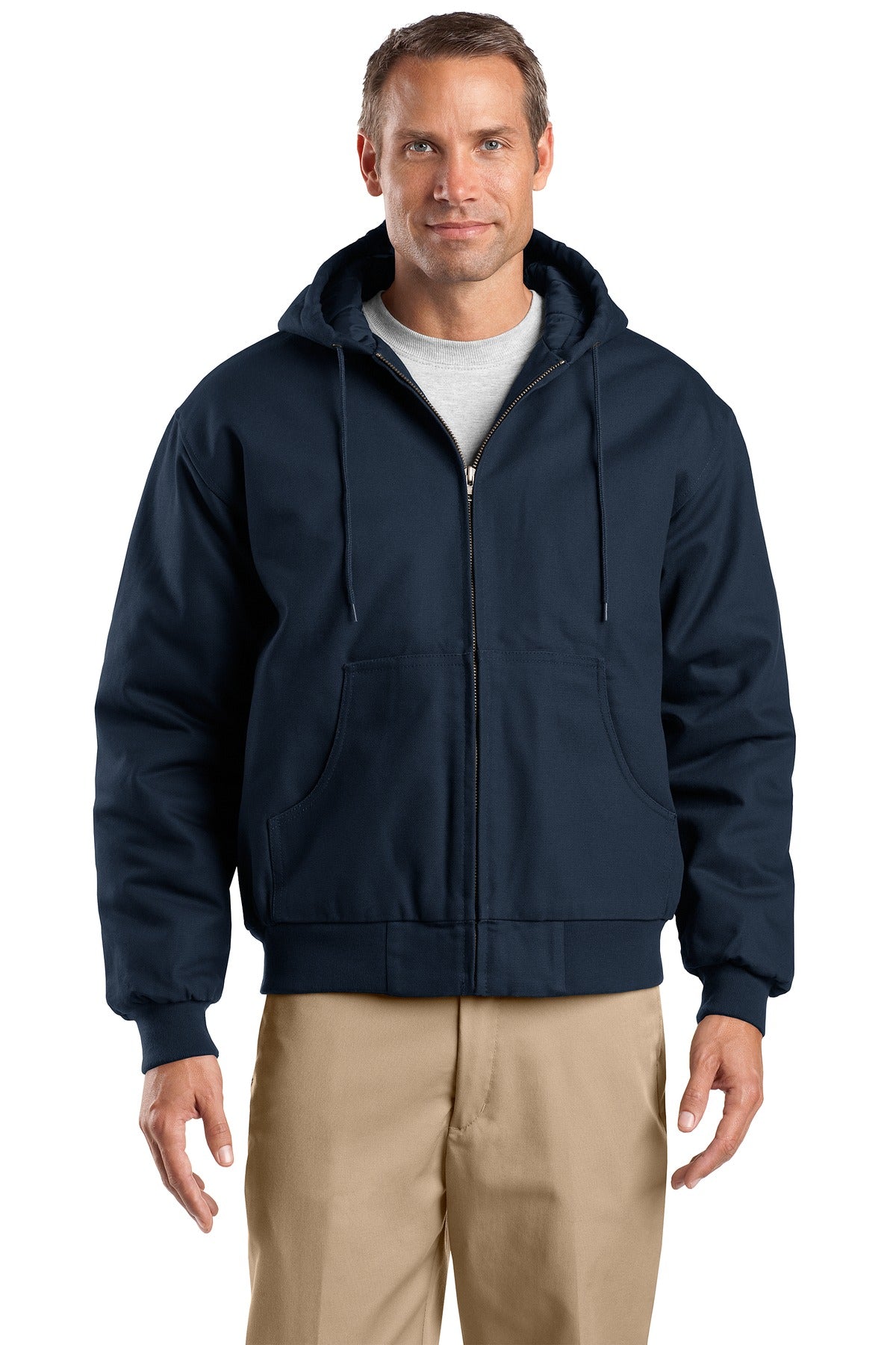 Front View of Navy CornerStone Tall Duck Cloth Hooded Work Jacket. TLJ763H plain
