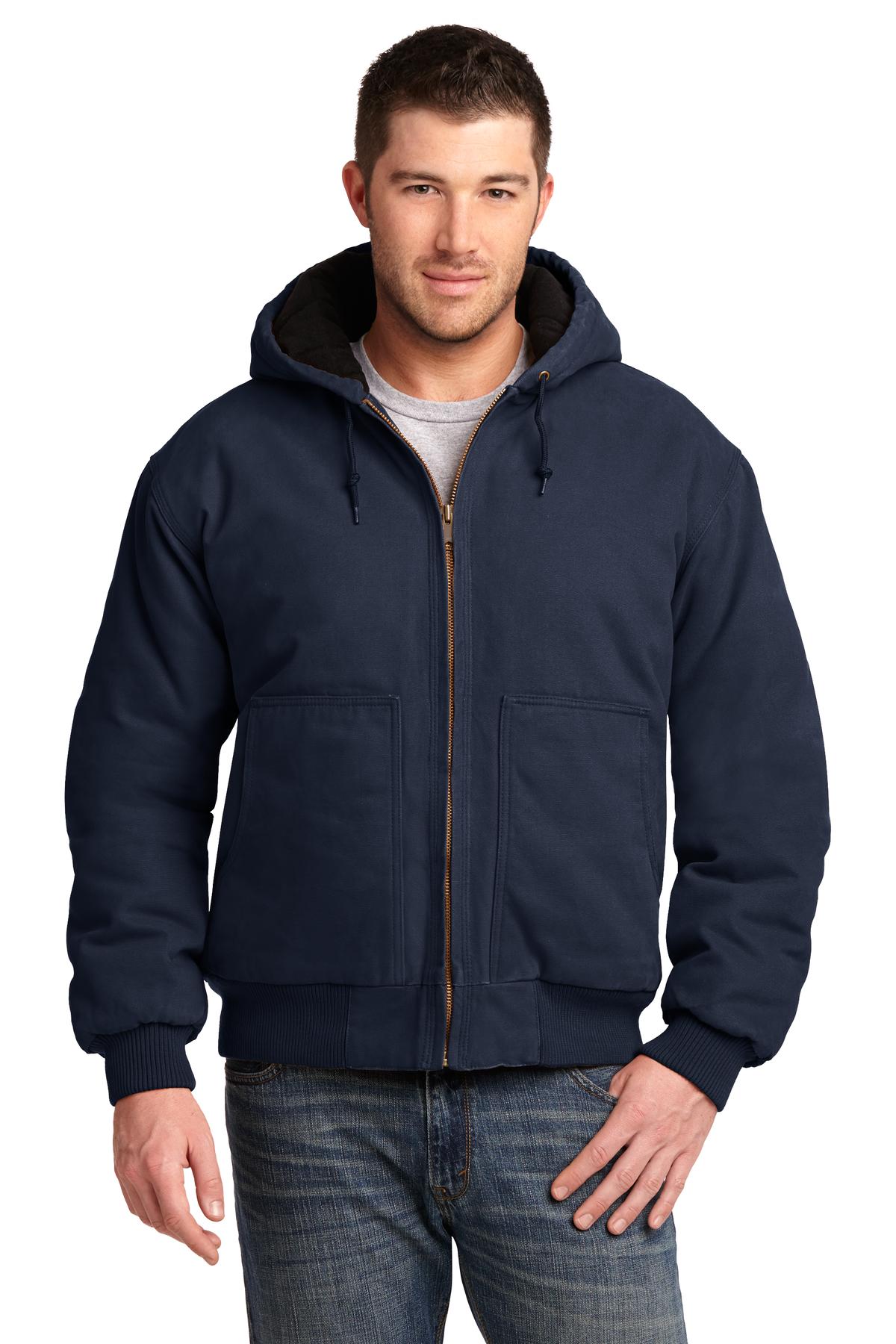 Front View of Navy CornerStone Washed Duck Cloth Insulated Hooded Work Jacket. CSJ41 plain