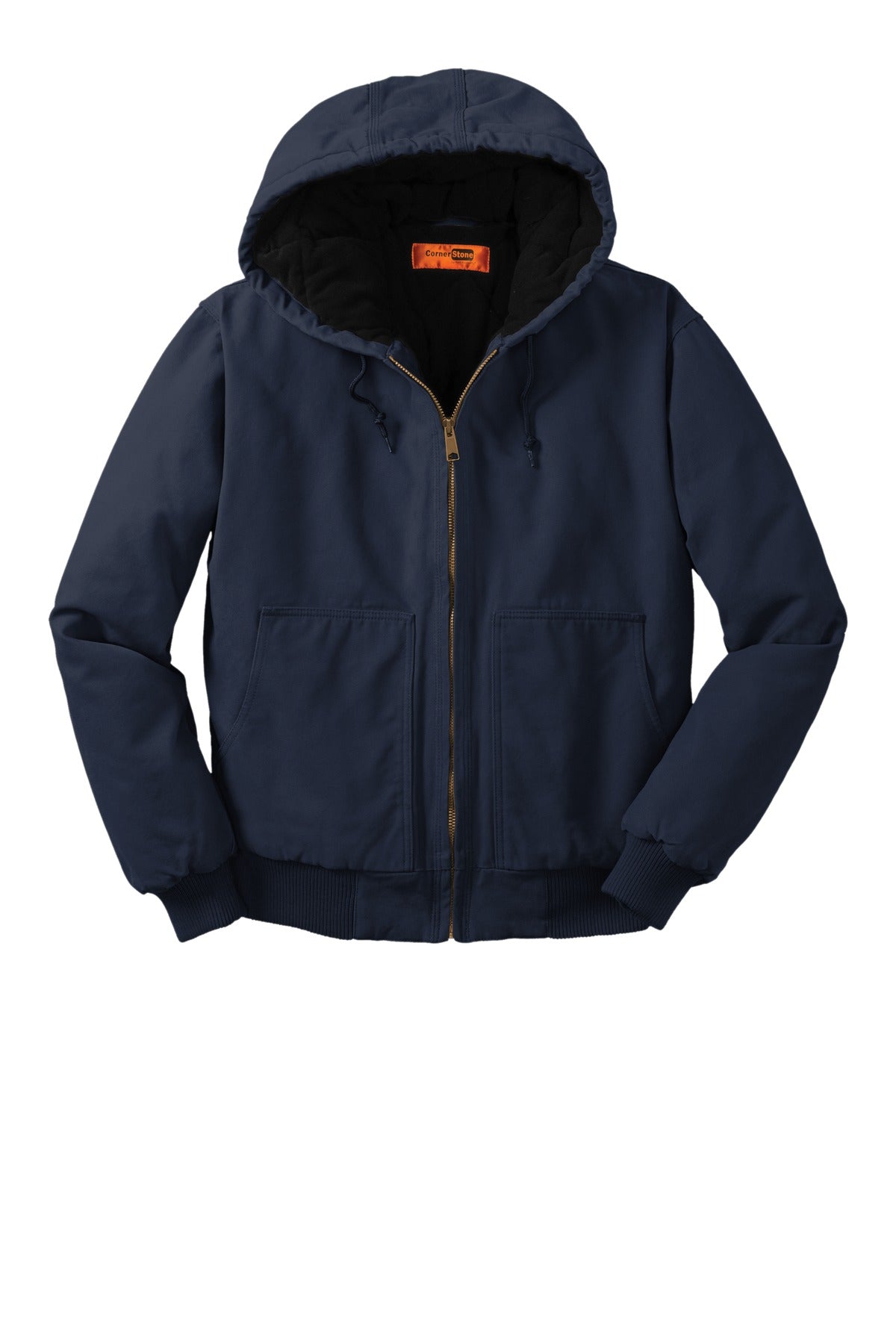 Front View of Navy CornerStone Washed Duck Cloth Insulated Hooded Work Jacket. CSJ41 plain