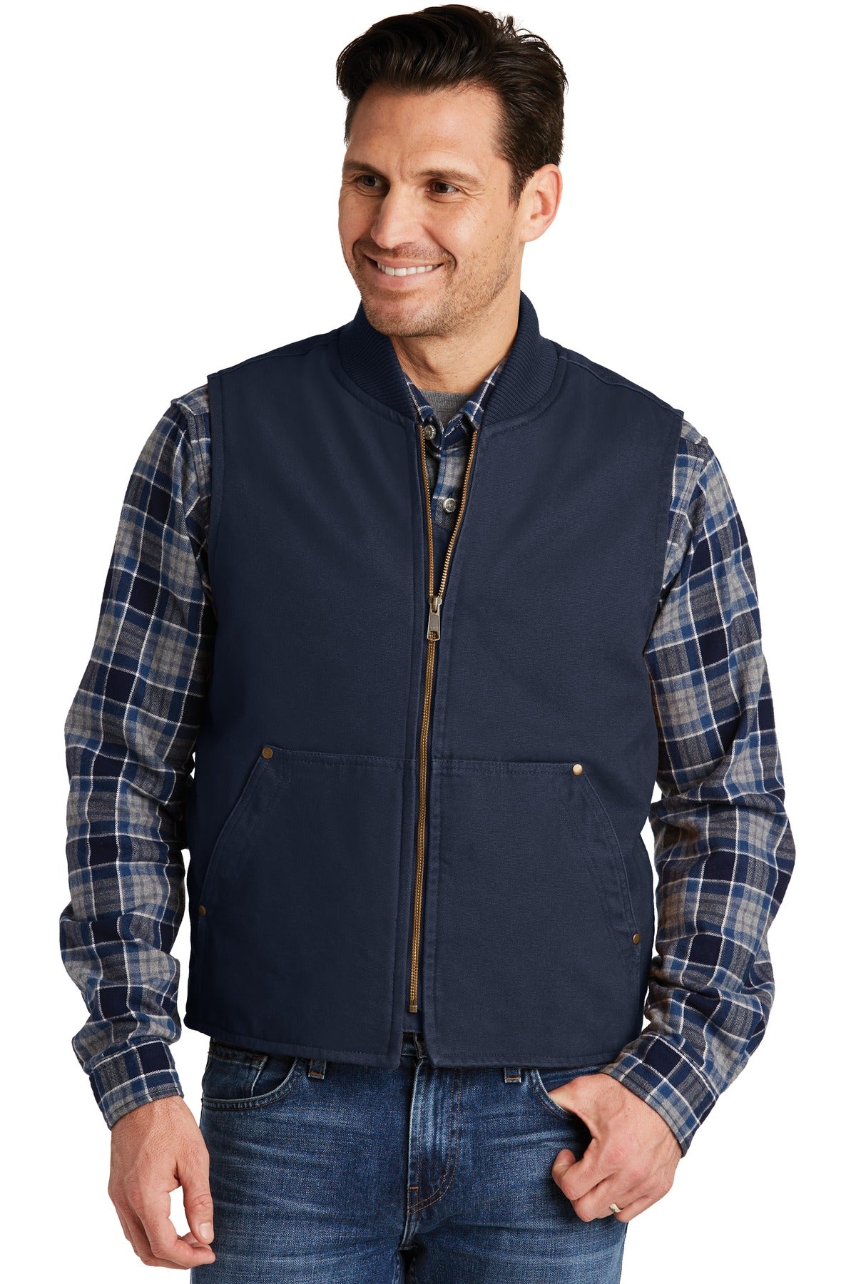 Front View of Navy CornerStone Washed Duck Cloth Vest. CSV40 plain