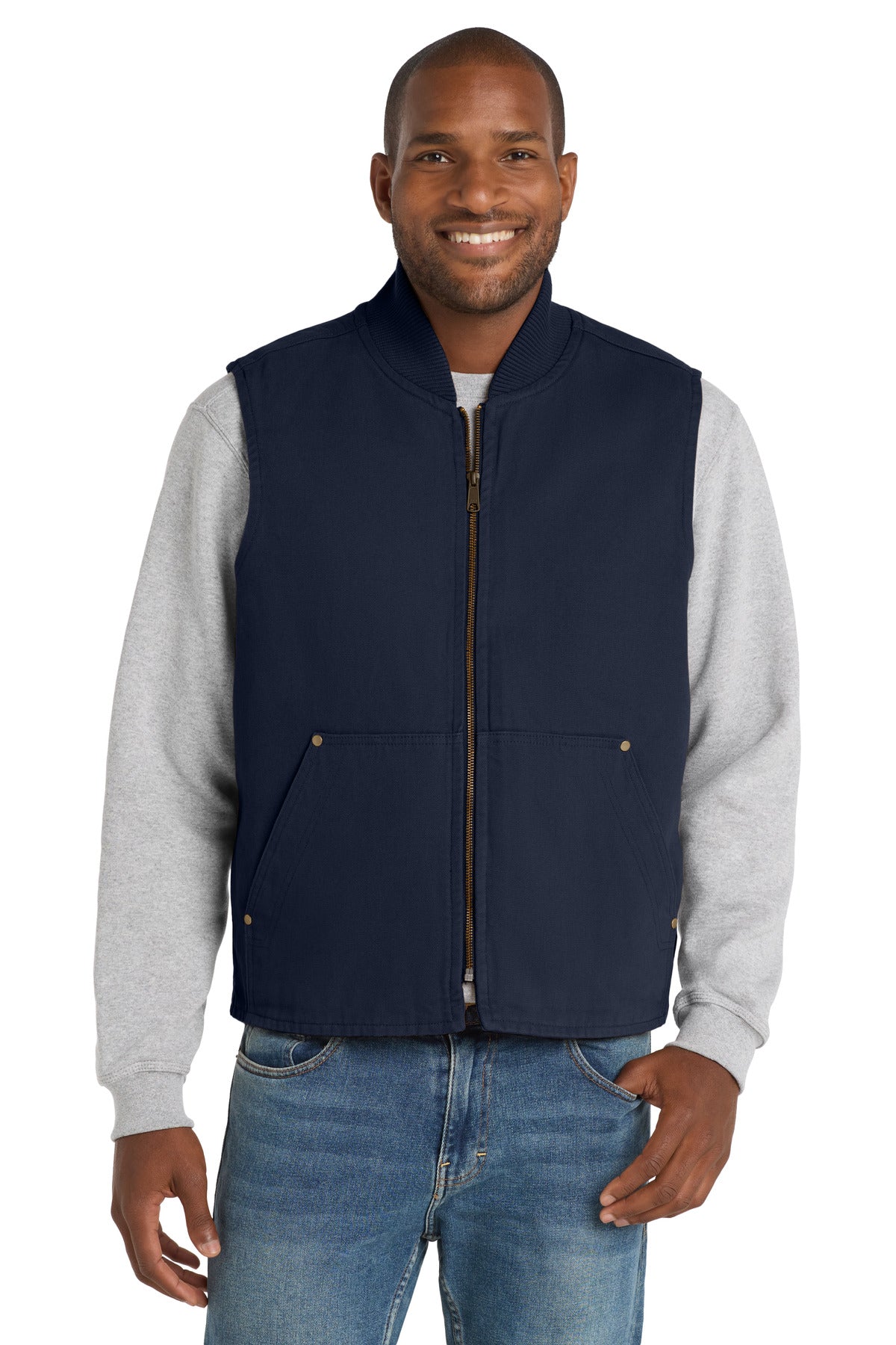 Front View of Navy CornerStone Washed Duck Cloth Vest. CSV40 plain