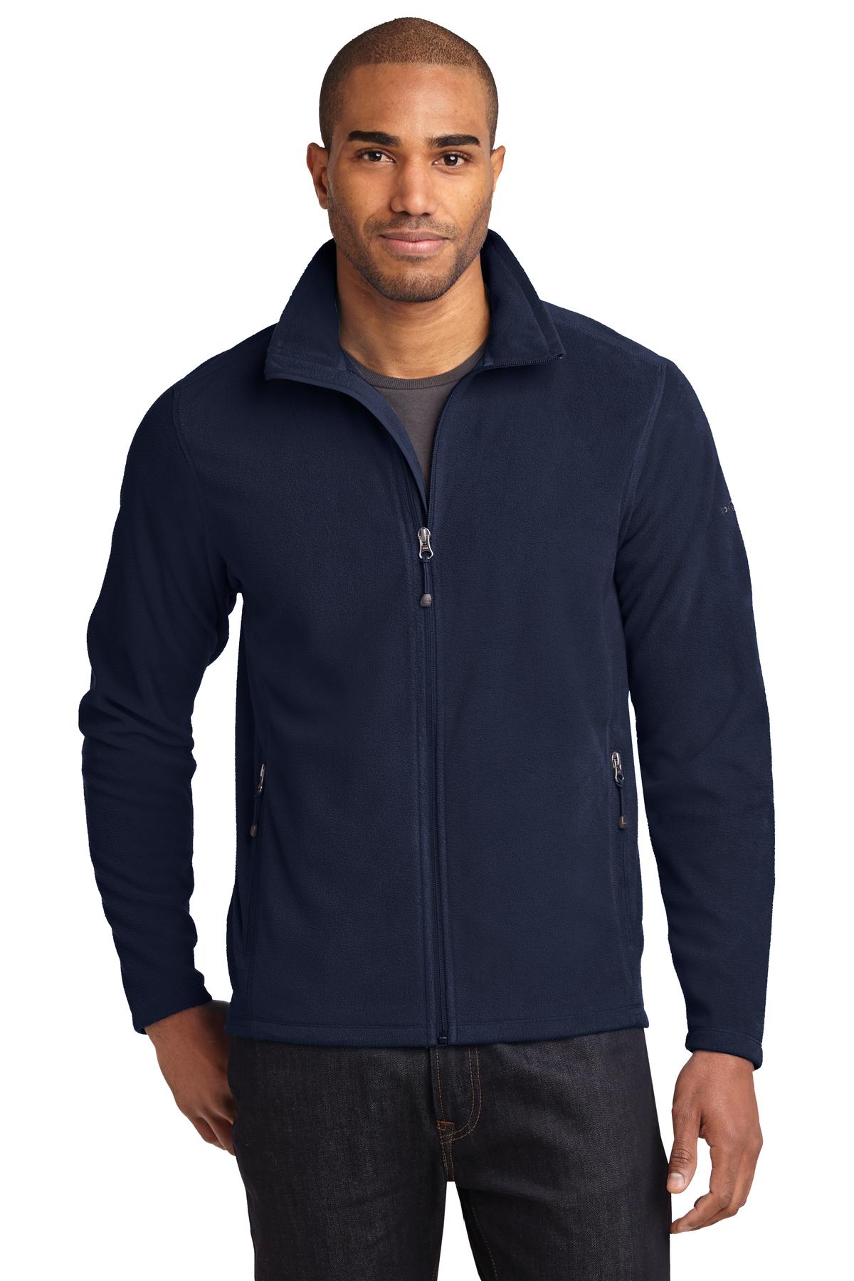 Front View of Navy Eddie Bauer Full-Zip Microfleece Jacket. EB224 plain