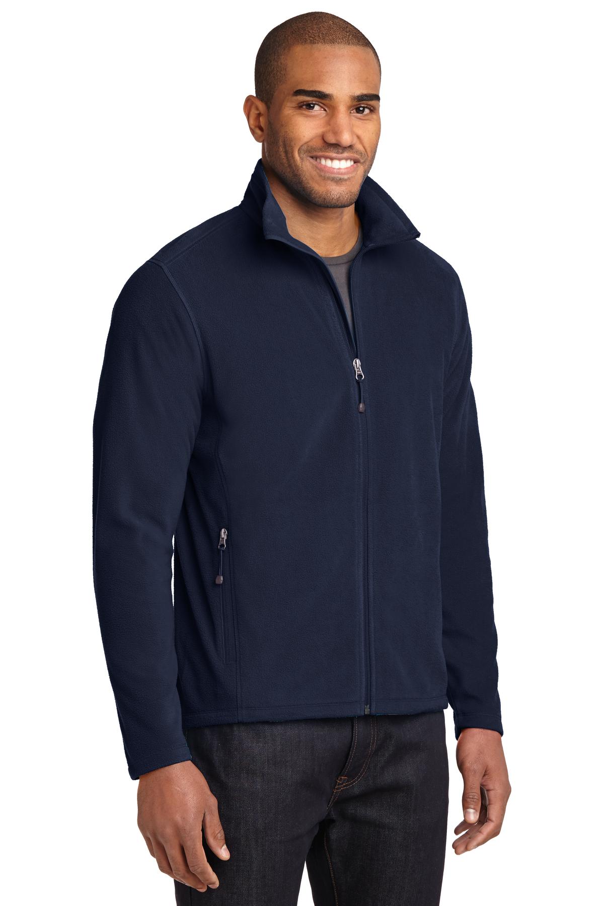 Front View of Navy Eddie Bauer Full-Zip Microfleece Jacket. EB224 plain