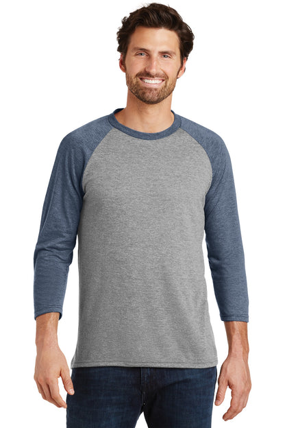 Front View of Navy Fr/Gry Fr District Perfect Tri 3/4-Sleeve Raglan. DM136 plain