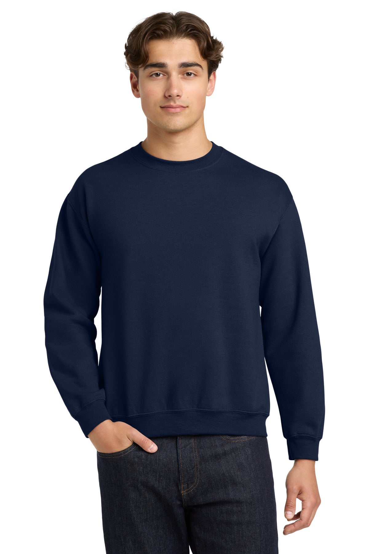Front View of Navy Gildan Heavy Blend Crewneck Sweatshirt. 18000 plain