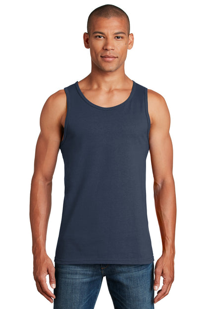 Front View of Navy Gildan Heavy Cotton Tank Top. G5200 plain