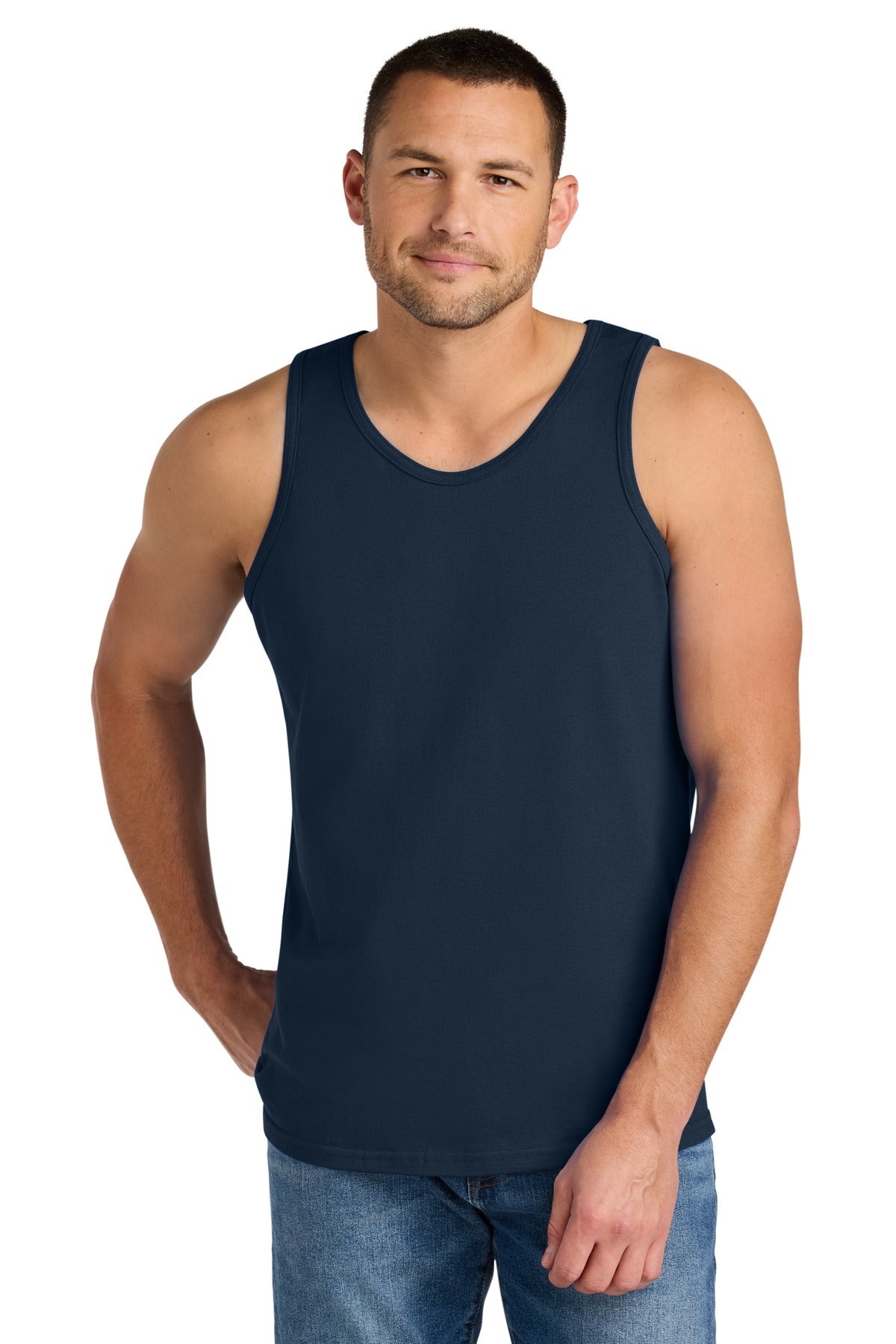 Front View of Navy Gildan Heavy Cotton Tank Top. G5200 plain