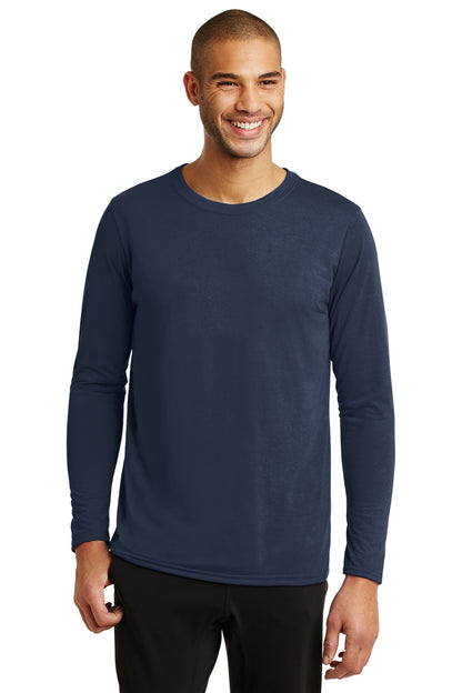 Front View of Navy Gildan Performance Long Sleeve T-Shirt. 42400 plain