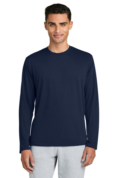 Front View of Navy Gildan Performance Long Sleeve T-Shirt. 42400 plain