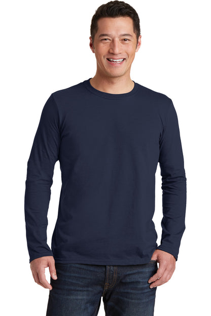 Front View of Navy Gildan Softstyle Long Sleeve T-Shirt. 64400 plain