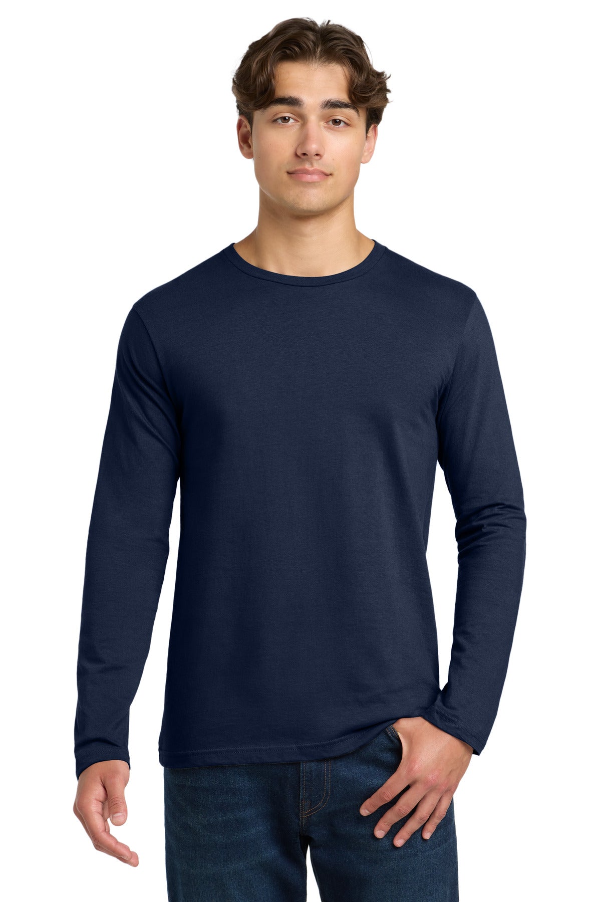 Front View of Navy Gildan Softstyle Long Sleeve T-Shirt. 64400 plain