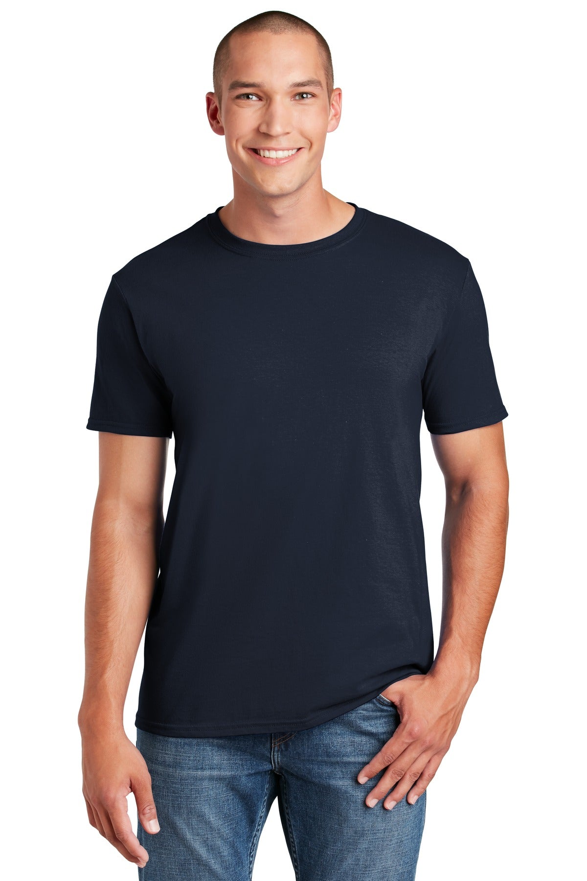 Front View of Navy Gildan Softstyle T-Shirt. 64000 plain