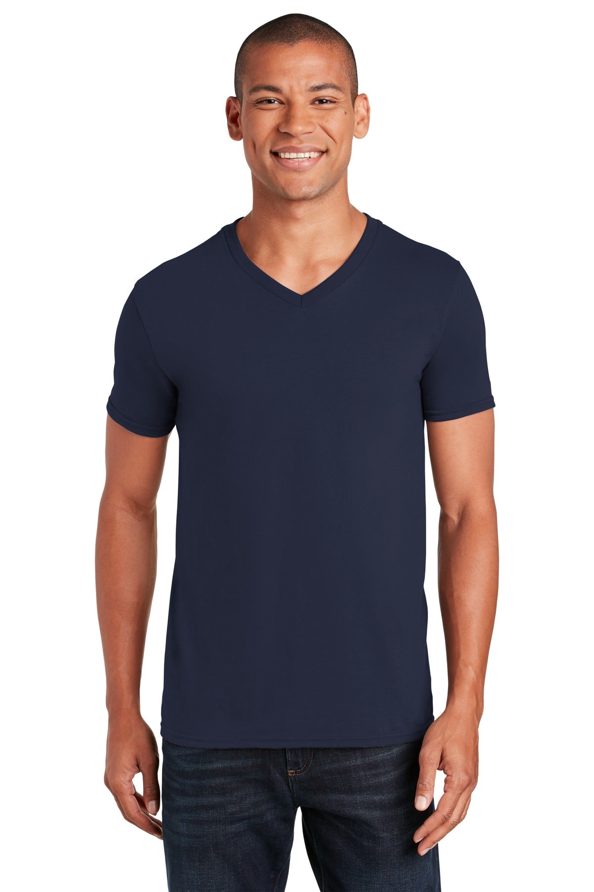 Front View of Navy Gildan Softstyle V-Neck T-Shirt. 64V00 plain