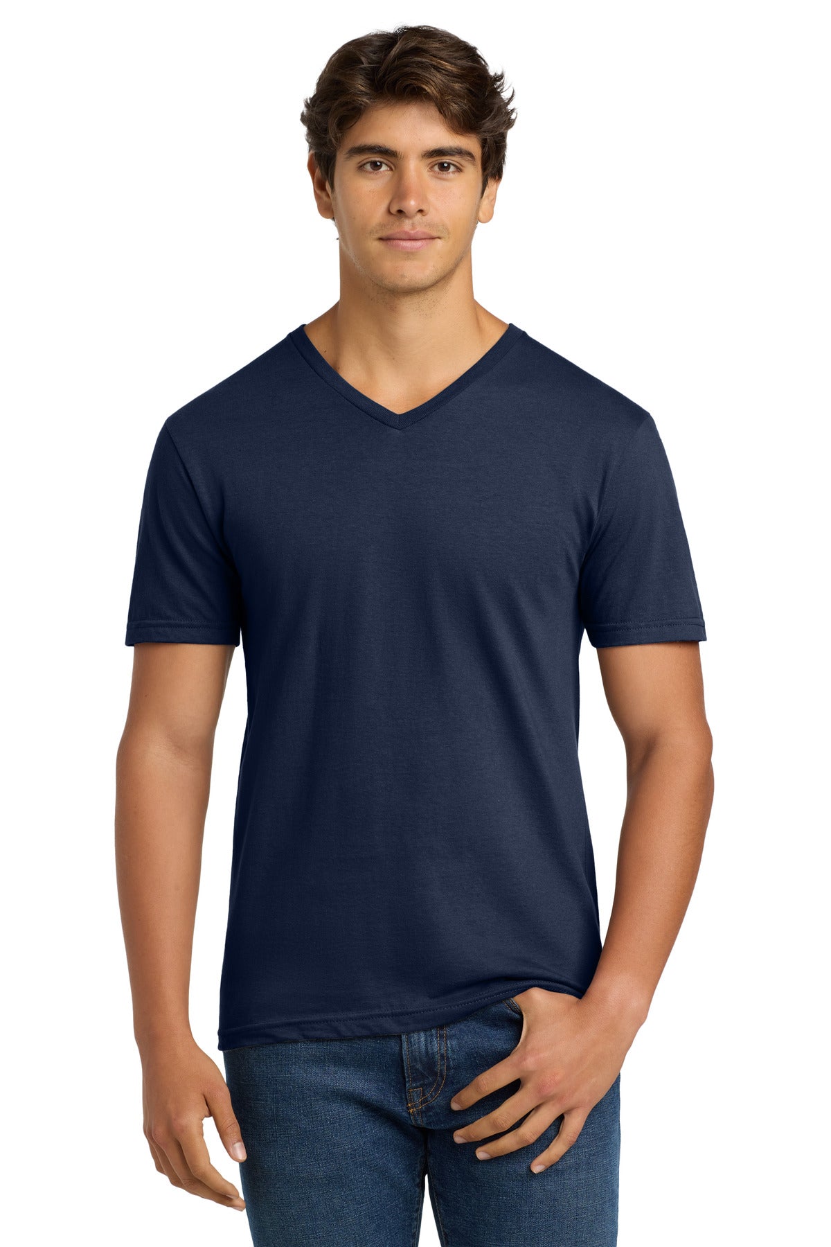 Front View of Navy Gildan Softstyle V-Neck T-Shirt. 64V00 plain