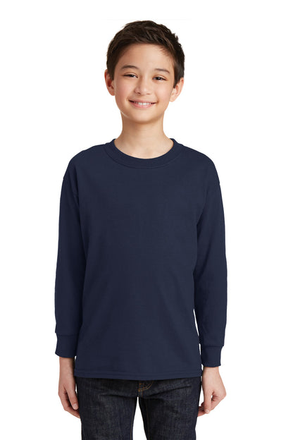 Front View of Navy Gildan Youth Heavy Cotton 100% Cotton Long Sleeve T-Shirt. 5400B plain
