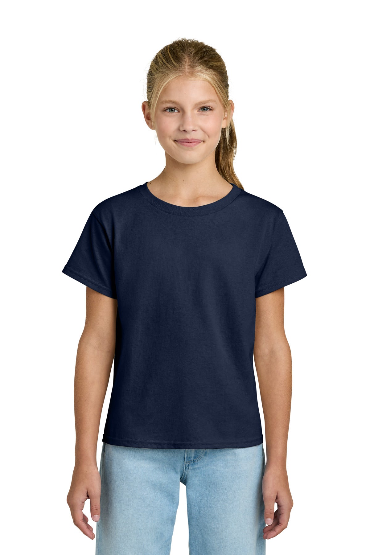 Front View of Navy Gildan Youth Light Cotton Tee 3000B plain