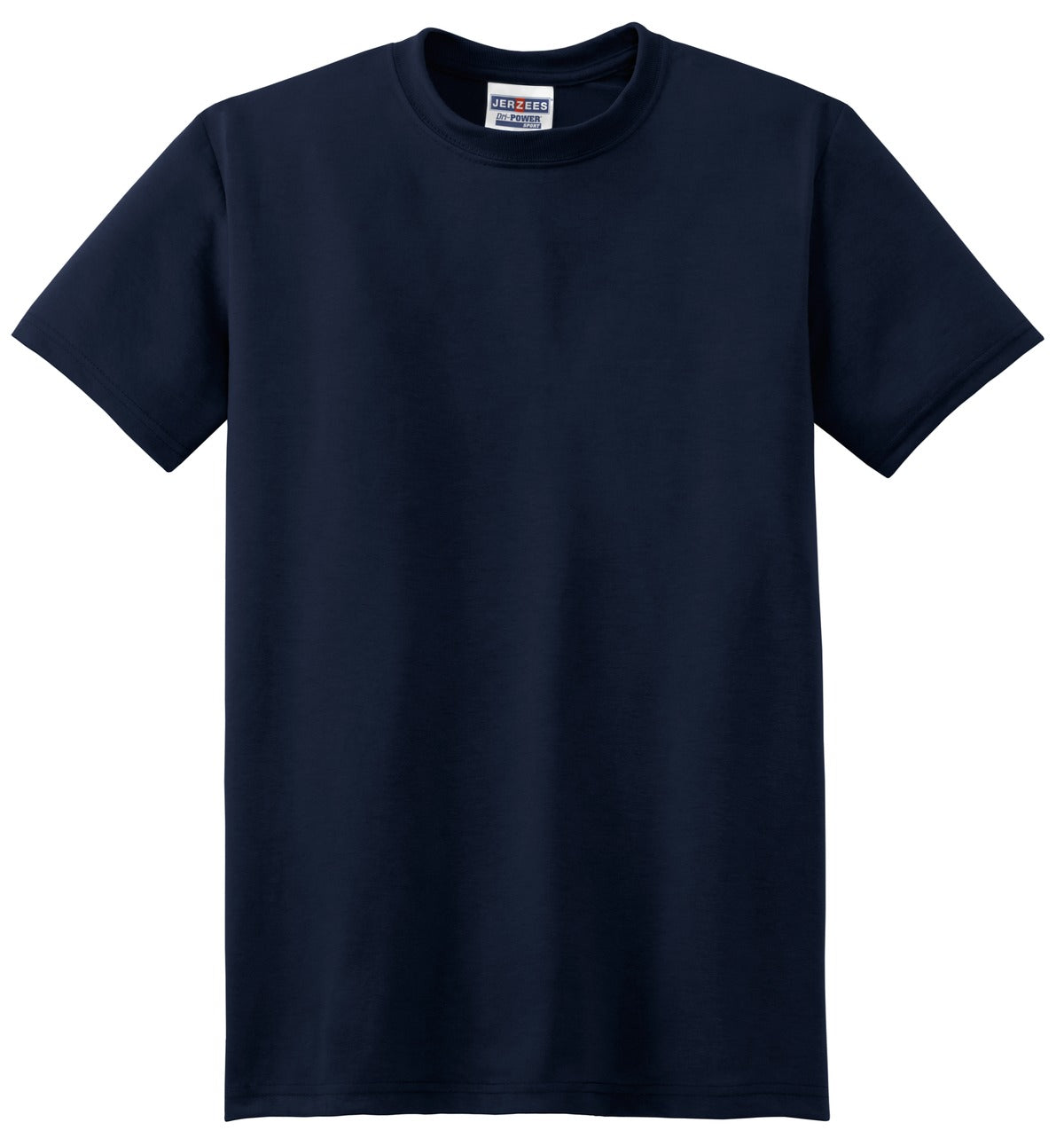 Front View of Navy Jerzees Dri-Power 100% Polyester T-Shirt. 21M plain