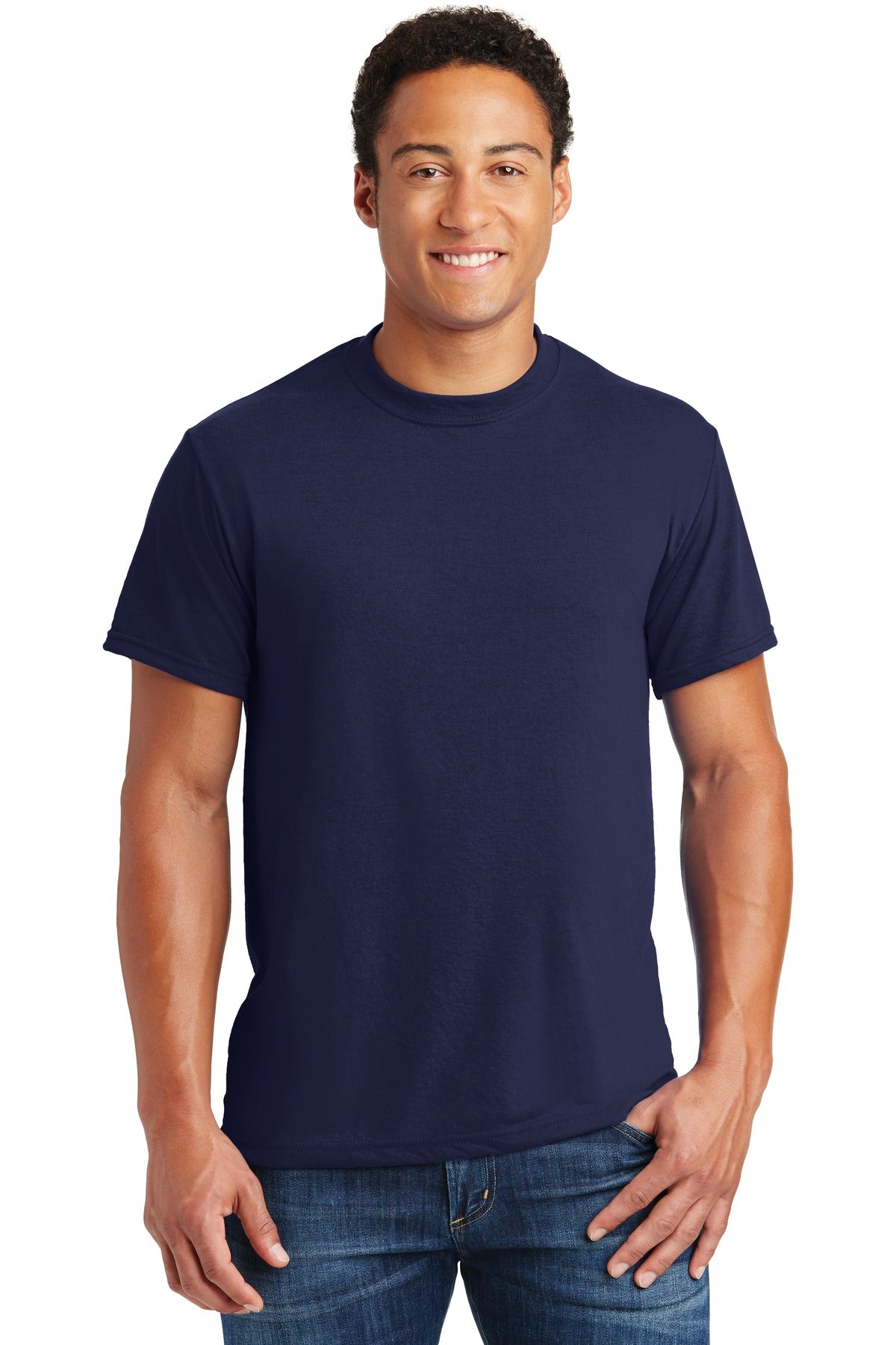 Front View of Navy Jerzees Dri-Power 100% Polyester T-Shirt. 21M plain