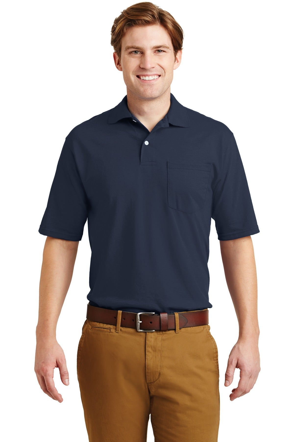 Front View of Navy Jerzees Dri-Power Pocket Sport Shirt. 436MP plain